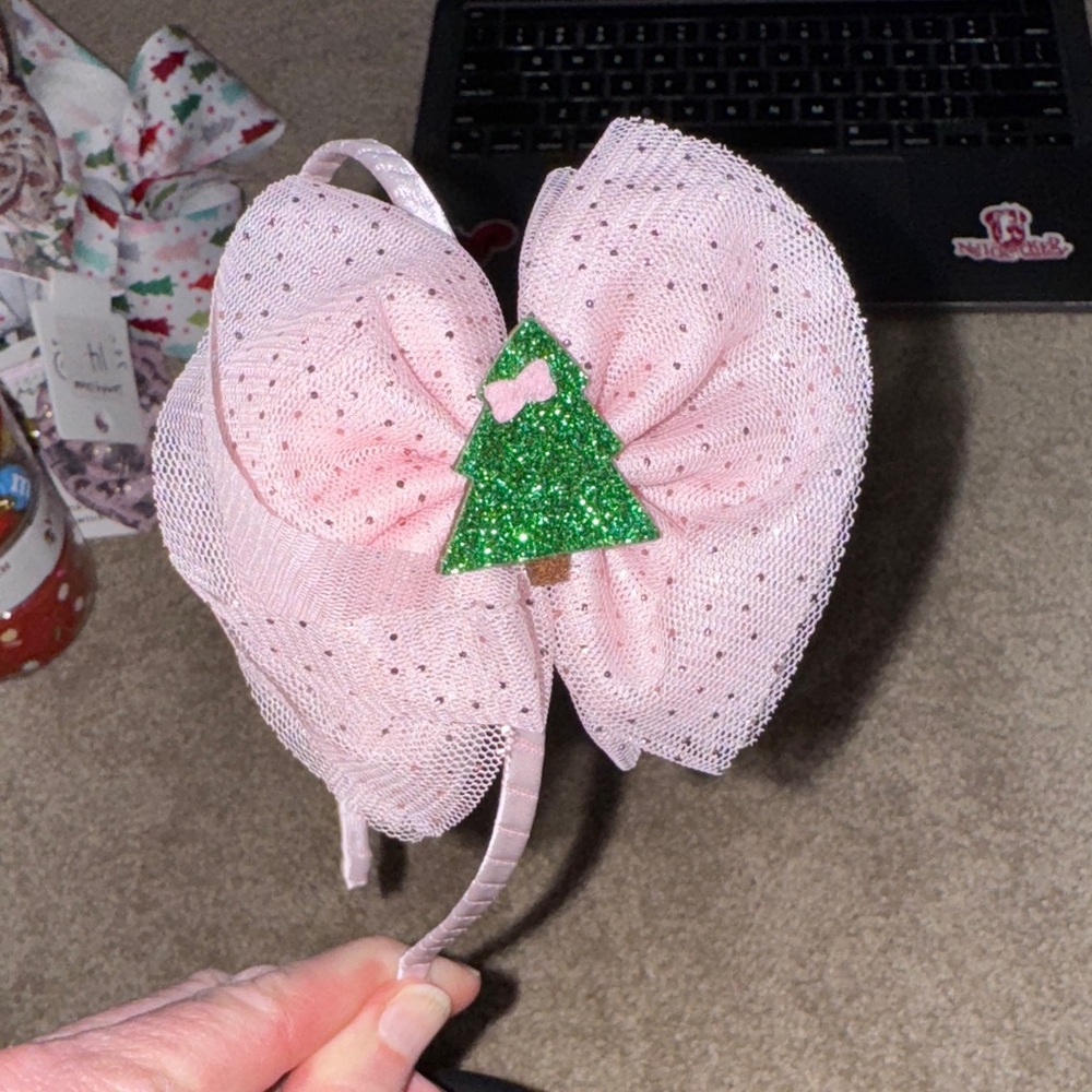 Sparkling Pink Bow Headband with Green Tree
